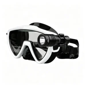 Black and white diving mask with a side-mounted flashlight.