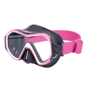 AM104 snorkel mask black pink frame with pink elastic strap and tempered glass, side angle view