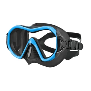 AM105 snorkel mask black blue frame tempered glass side angle view