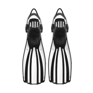 Black white open-heel diving fins with adjustable spring strap, long scuba diving fins for underwater exploration