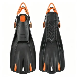 Adjustable open heel snorkeling fins, black orange long diving fins for adults, freediving and snorkeling