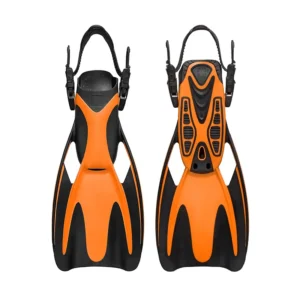 Orange black two-tone diving fins with adjustable quick-release heel strap for snorkeling and scuba diving